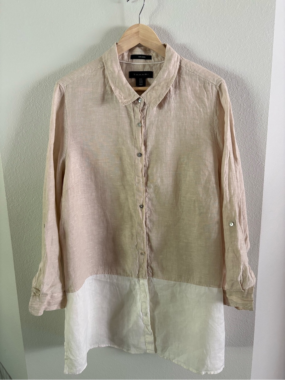 Coastal Grandma Linen Button-Front Tahari Tunic - Light Blush linen XL